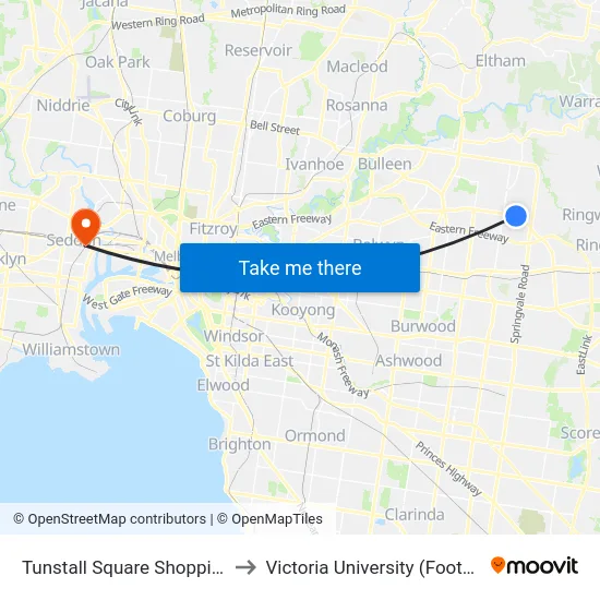 Tunstall Square Shopping Centre/Doncaster Rd to Victoria University (Footscray Nicholson Campus) map