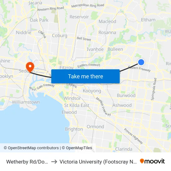 Wetherby Rd/Doncaster Rd to Victoria University (Footscray Nicholson Campus) map