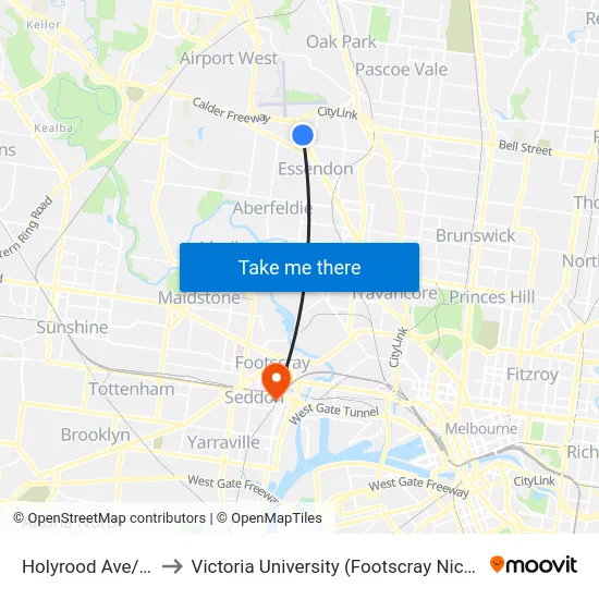 Holyrood Ave/Bulla Rd to Victoria University (Footscray Nicholson Campus) map