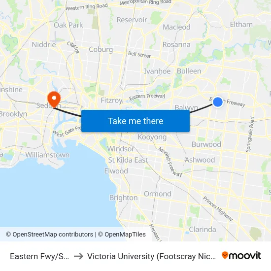 Eastern Fwy/Station St to Victoria University (Footscray Nicholson Campus) map