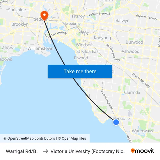 Warrigal Rd/Beach Rd to Victoria University (Footscray Nicholson Campus) map
