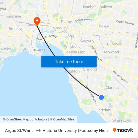 Argus St/Warrigal Rd to Victoria University (Footscray Nicholson Campus) map