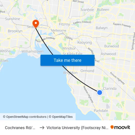 Cochranes Rd/Warrigal Rd to Victoria University (Footscray Nicholson Campus) map