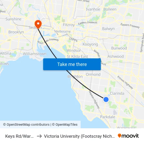 Keys Rd/Warrigal Rd to Victoria University (Footscray Nicholson Campus) map