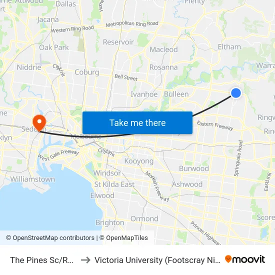 The Pines Sc/Reynolds Rd to Victoria University (Footscray Nicholson Campus) map