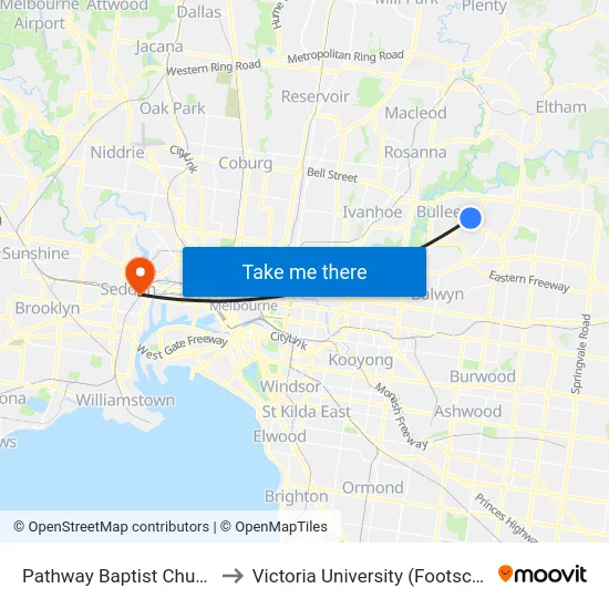 Pathway Baptist Church/Thompsons Rd to Victoria University (Footscray Nicholson Campus) map