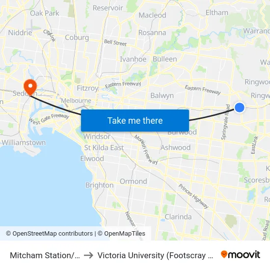 Mitcham Station/Colombo St to Victoria University (Footscray Nicholson Campus) map
