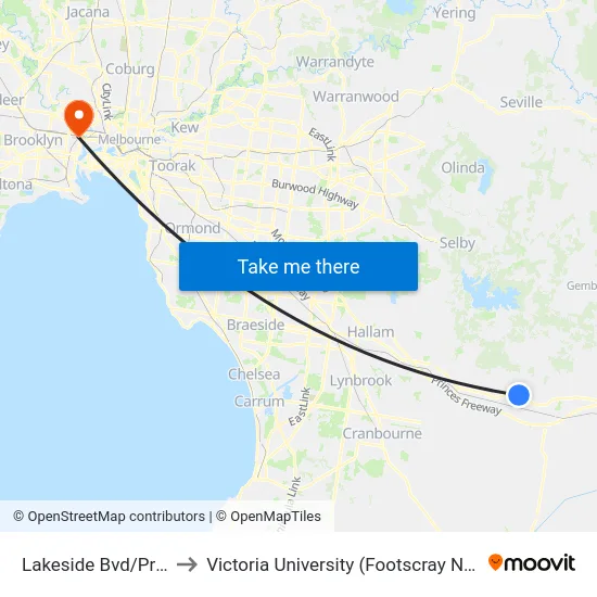 Lakeside Bvd/Princes Hwy to Victoria University (Footscray Nicholson Campus) map