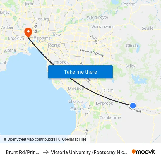 Brunt Rd/Princes Hwy to Victoria University (Footscray Nicholson Campus) map