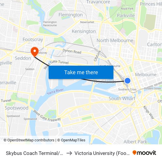 Skybus Coach Terminal/Spencer St (Melbourne City) to Victoria University (Footscray Nicholson Campus) map