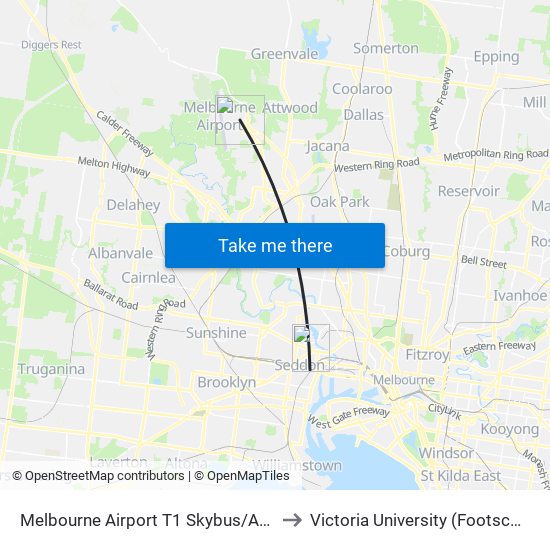 Melbourne Airport T1 Skybus/Arrival Dr (Melbourne Airport) to Victoria University (Footscray Nicholson Campus) map