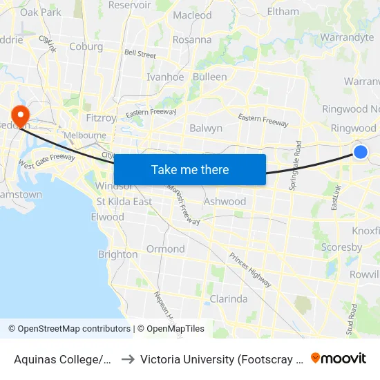 Aquinas College/Great Ryrie St to Victoria University (Footscray Nicholson Campus) map