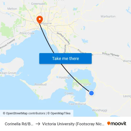 Corinella Rd/Bass Hwy to Victoria University (Footscray Nicholson Campus) map
