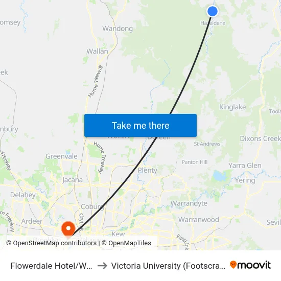 Flowerdale Hotel/Whittlesea-Yea Rd to Victoria University (Footscray Nicholson Campus) map