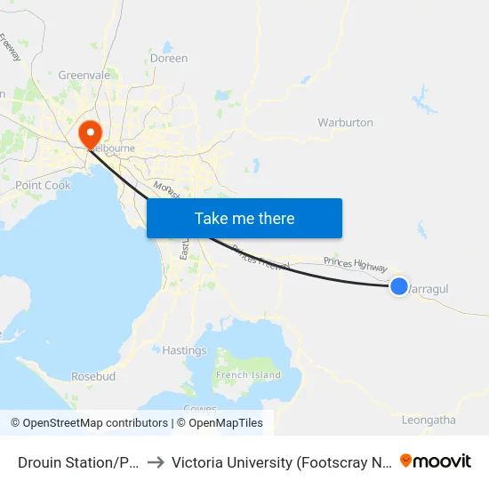Drouin Station/Princes Way to Victoria University (Footscray Nicholson Campus) map