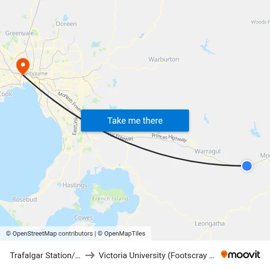 Trafalgar Station/Princes Hwy to Victoria University (Footscray Nicholson Campus) map
