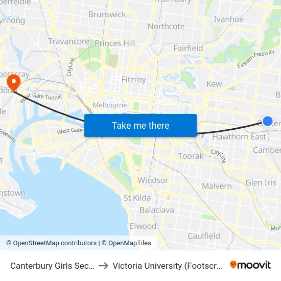 Canterbury Girls Sec Col/Malacca Rd to Victoria University (Footscray Nicholson Campus) map