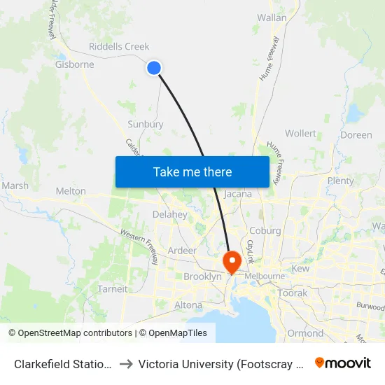 Clarkefield Station/Station St to Victoria University (Footscray Nicholson Campus) map