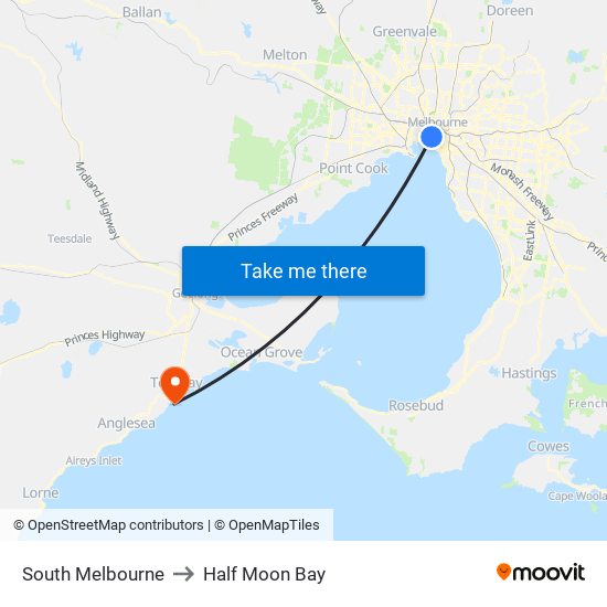 South Melbourne to Half Moon Bay map