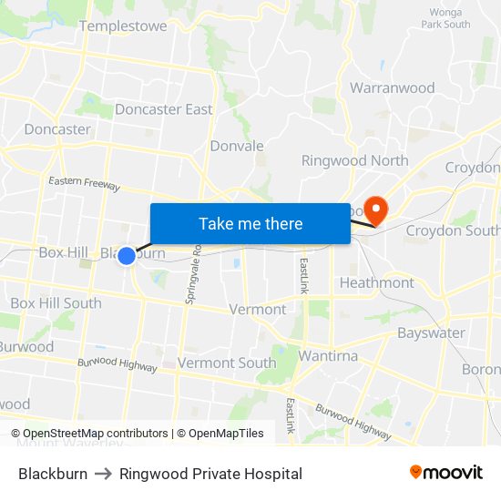 Blackburn to Ringwood Private Hospital map
