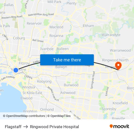 Flagstaff to Ringwood Private Hospital map