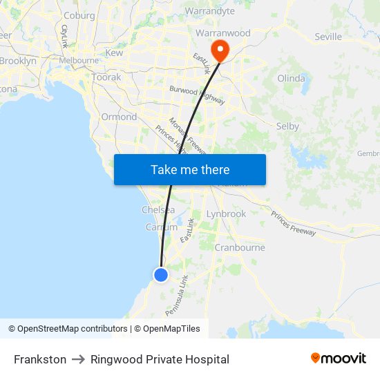 Frankston to Ringwood Private Hospital map