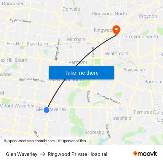 Glen Waverley to Ringwood Private Hospital map