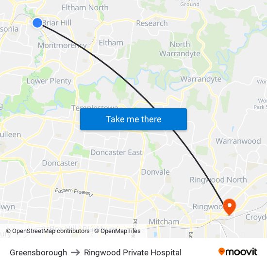 Greensborough to Ringwood Private Hospital map