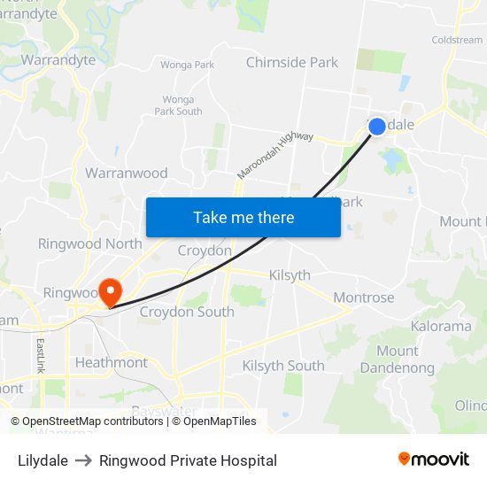 Lilydale to Ringwood Private Hospital map