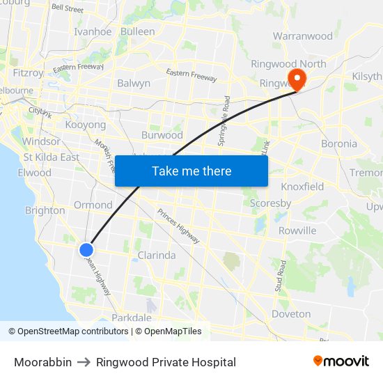 Moorabbin to Ringwood Private Hospital map