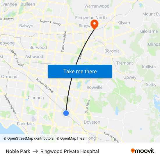 Noble Park to Ringwood Private Hospital map
