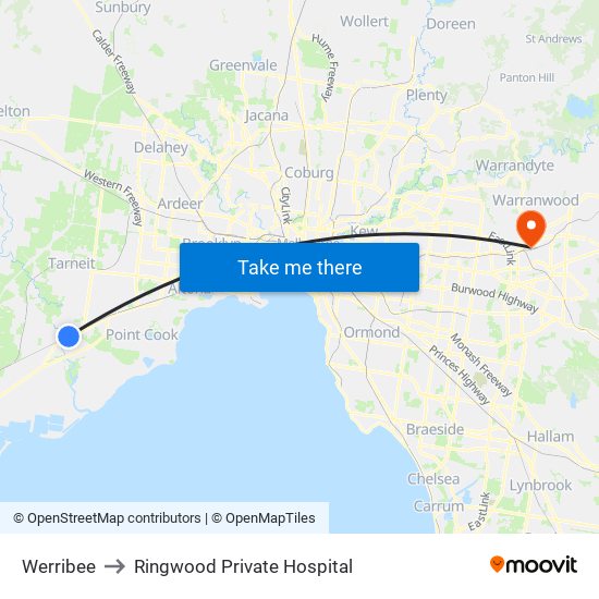 Werribee to Ringwood Private Hospital map