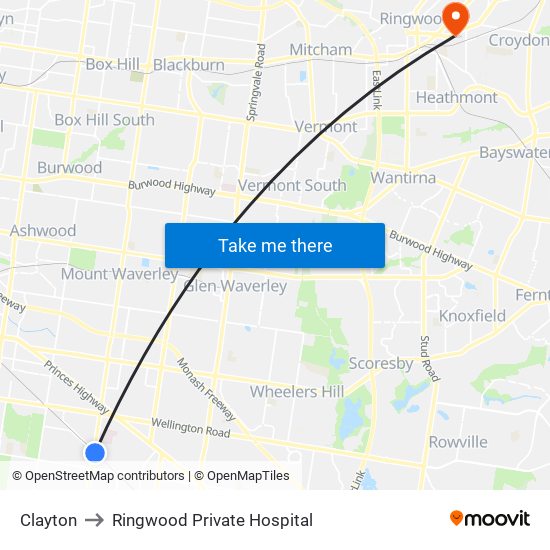 Clayton to Ringwood Private Hospital map