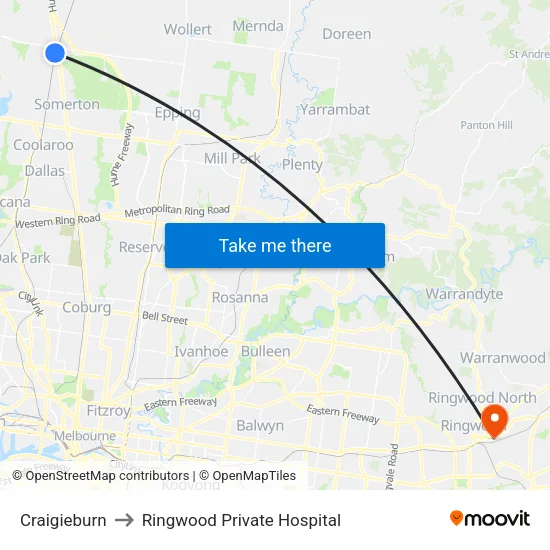Craigieburn to Ringwood Private Hospital map
