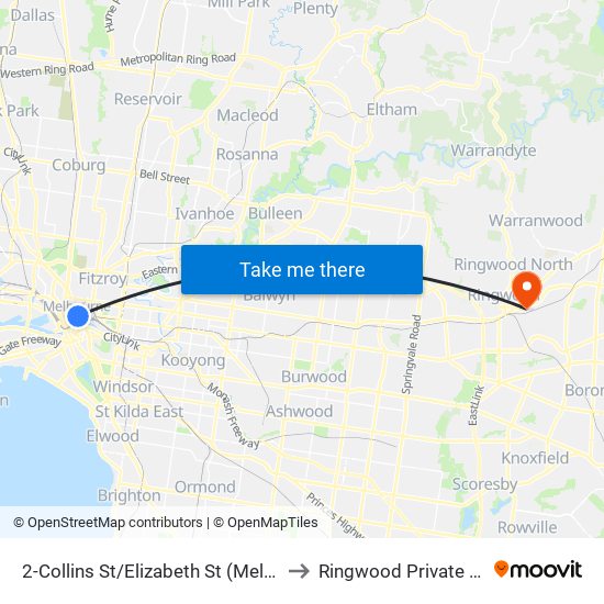 2-Collins St/Elizabeth St (Melbourne City) to Ringwood Private Hospital map