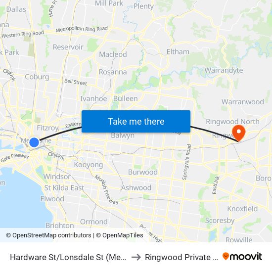 Hardware St/Lonsdale St (Melbourne City) to Ringwood Private Hospital map