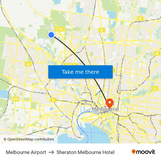 Melbourne Airport to Sheraton Melbourne Hotel map