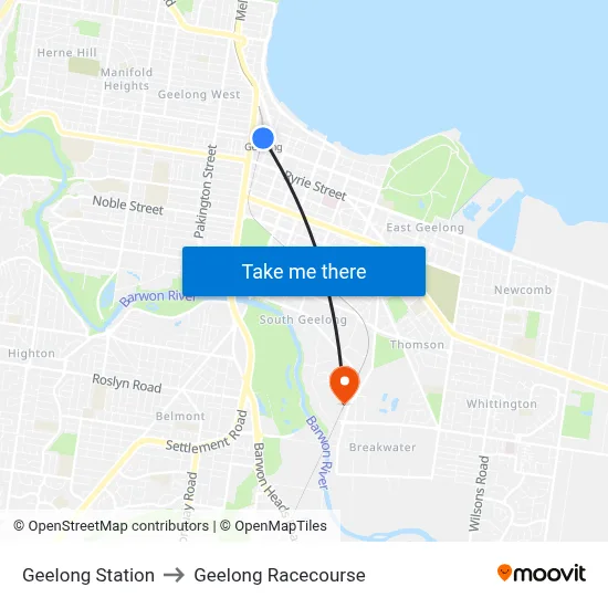Geelong Station to Geelong Racecourse map
