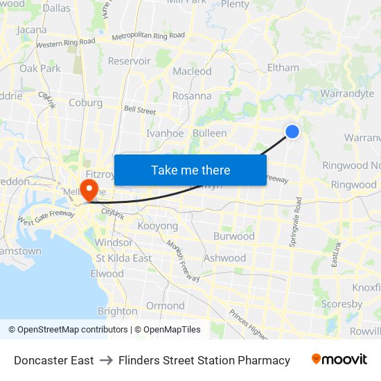 Doncaster East to Flinders Street Station Pharmacy map