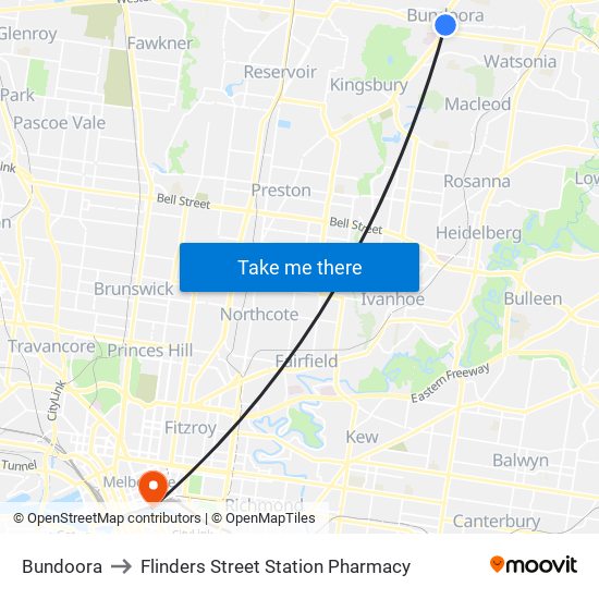 Bundoora to Flinders Street Station Pharmacy map
