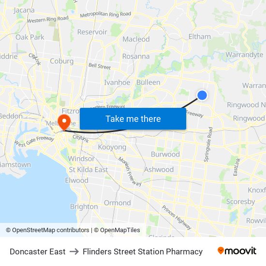 Doncaster East to Flinders Street Station Pharmacy map