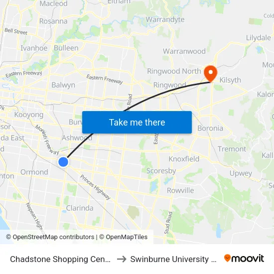 Chadstone Shopping Centre/Eastern Access Rd to Swinburne University Of Technology - Croydon Campus map