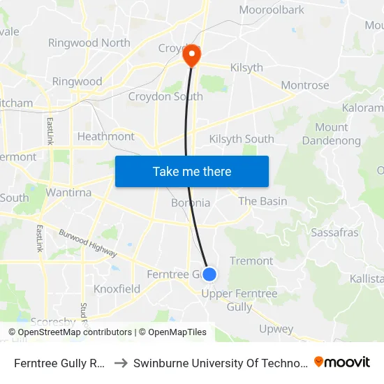 Ferntree Gully Railway Station to Swinburne University Of Technology - Croydon Campus map