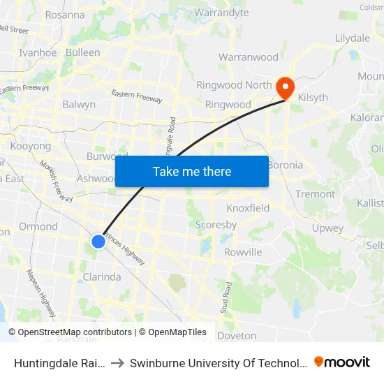Huntingdale Railway Station to Swinburne University Of Technology - Croydon Campus map