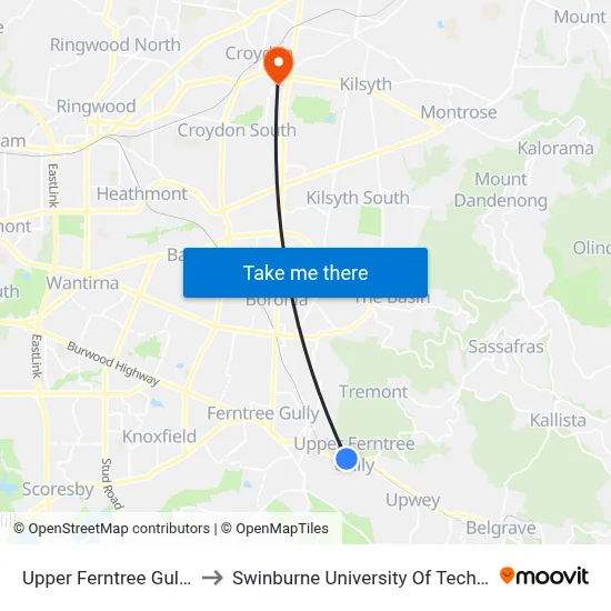 Upper Ferntree Gully Railway Station to Swinburne University Of Technology - Croydon Campus map