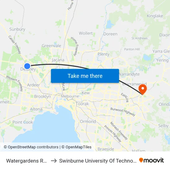Watergardens Railway Station to Swinburne University Of Technology - Croydon Campus map