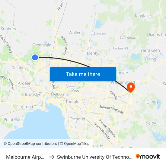 Melbourne Airport/Grants Rd to Swinburne University Of Technology - Croydon Campus map
