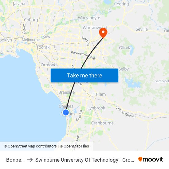 Bonbeach to Swinburne University Of Technology - Croydon Campus map