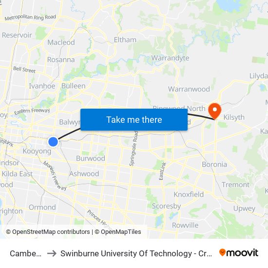 Camberwell to Swinburne University Of Technology - Croydon Campus map