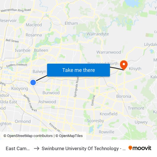 East Camberwell to Swinburne University Of Technology - Croydon Campus map